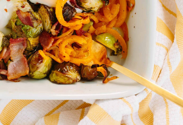 Brussel Sprout, Bacon & Spiralized Sweet Potato Bake